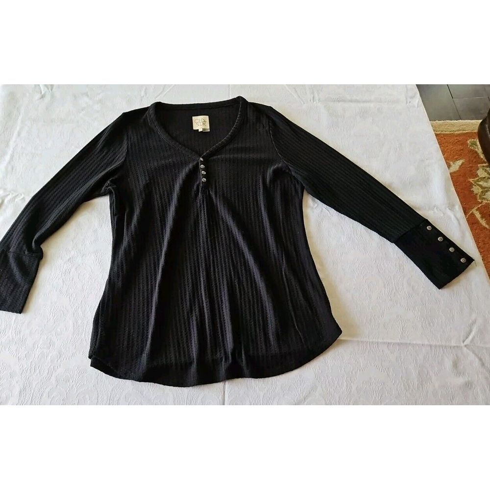 Chaser Knit Top Black BUTTON CUFF Sleeves Puckered Knit Shirt XXL 2X